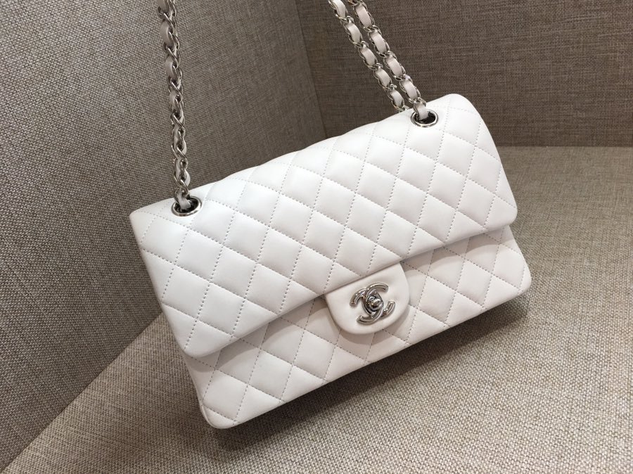 Medium Classic Flap Lambskin Bag AO1112 White/Silver